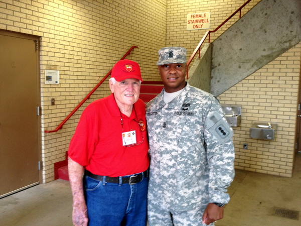 Reunion Photos - Jerry Orr
My Good Buddy!  Maj Jerry Orr greets 1SG Doucette as we tour the BCT barracks; actually, it's more like a dormitory.
