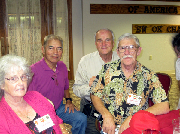 Reunion Photos - Wayne Crochet
Buddies from "C" Battery:  Sam Nieto...who came in just in time for the Friday night banquet, along with Wayne Crochet and John Severn.  Ms Leslie Barber is at far left.

