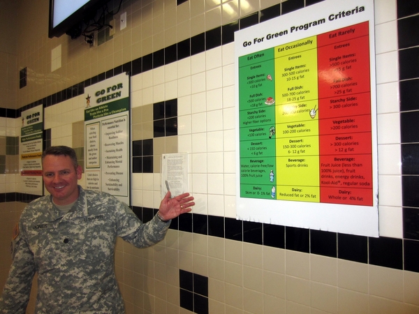 Reunion Photos - Wayne Crochet
The "Dining Facility" has replaced the "mess hall" and YOU WILL eat healthy foods, soldier!!!   AND...you can have anything to drink as long as it's water.  Our active duty host, LTC Marcus Jones stands in front of a color-coded menu.
