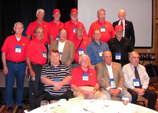 Terry Stuber - Denver Photos
The Redleg Invasion: 
Middle Row:  Ernie Kingcade, Dennis Dauphin, Bert Landau (can't fit into his red Arty shirt anymore), Lee Okerstrom, and Bill Kull.
Back Row: Ed thomas, Junior Ward, Terry Stuber, Jim Connolly, "Moon" Mullins
Seated: Frank Herbick, Jerry Orr, Mike Kurtgis, Greg Malnar
