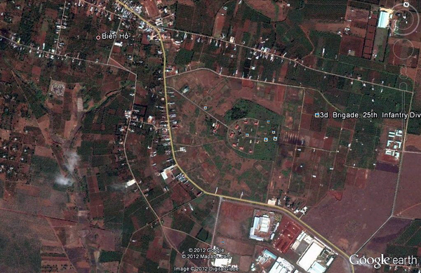 Then & Now: the search for Base Camp
I went on Google Earth, with the photo tab on, and found this screen shot of Engineer Hill.  I highlighted one of the picture icons so you can see the 3rd Brigade, 25th Inf Div label.  All of the photos submitted at this location are labeled that way.
