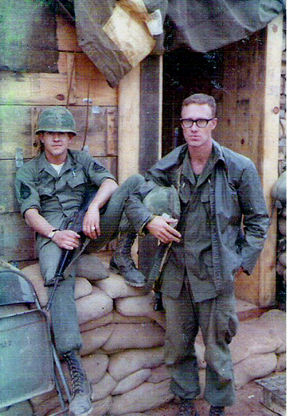 LZ Baldy - south of Hoi An
February, 1968.  SSG Ronnie Kackley (Little Rock, Ark) and me in front of the S-1 hootch.
