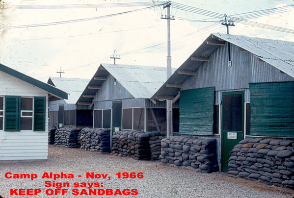 Welcome to Camp Alpha
November, 1966. The Beginning.  This was the Reception Station that greeted the incoming unit "replacements" as they awaited orders assigning them to fill unit vacancies.  The "Speedy Four" in charge took great pleasure in barking orders to NCOs and Officers alike knowing full well they could not do a thing about it.  Every order we had was dumped into a trash barrel.  You would wait for further instructions.

I was given a handful of dusty, dirty letters that had piled up.  One was my promotion to 1st Lt. 
