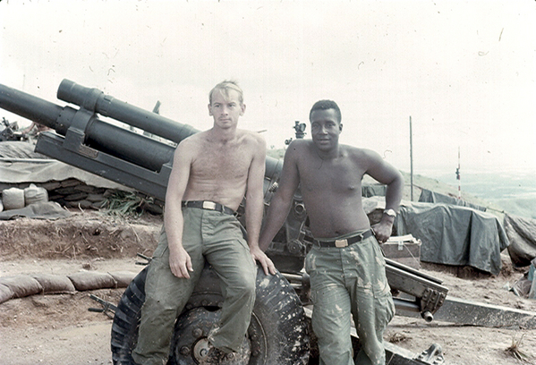 The Final Days at Tam Ky
(UNK Cannoneer), Sgt Artie Geter (at right) - Section Chief for the base piece, A/2/9, October, 1967.  Sgt Geter was an expert artilleryman...on time and on target!

It was time to say goodbye to my best Section Chief.
