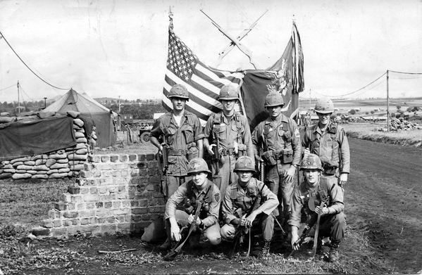 "A" Company, 1/14th Inf Regt, Sept, 1966
Officers & men of "A" Company: 
Back Row - Lt Grant, KIA 13Nov66, awarded the Medal of Honor; Lt Herb Walters, 1st Sgt, Lt Jim Bambridge (seriously wounded 13Nov66).
Kneeling -  Lt Terry O'Brien, KIA 13Nov66, awarded DSC; Lt Keoin.
