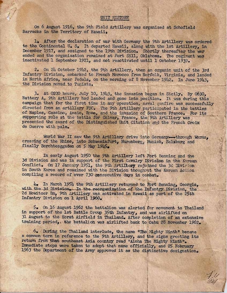Another rare document courtesy of Lt Don Keith.  Last sentence states that "The Mighty Ninth" was officially adopted as the unit's name by DA on 25Feb63.  So now we know.
