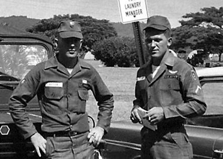 Les Cotten
Leslie (Les) Cotten, prior to the Operation Blue Light deployment to Nam.  PFC at right is unknown.
