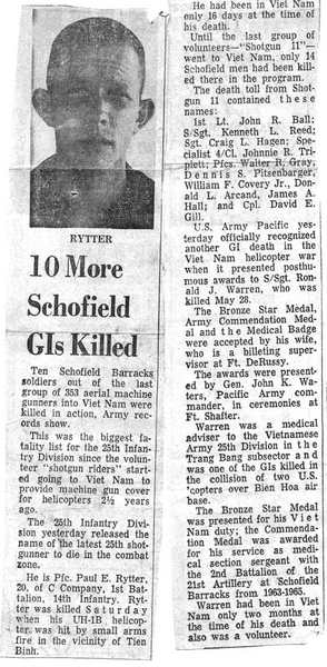 Doorgunner PFC Paul E. Rytter
This news clipping captures the men who were KIA as Operation Shotgun graduates from the secret Hawaii training program.  Despite the casualties, many men were willing to serve as doorgunners in Nam.

