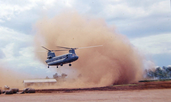 Why we called them "Shit-Hooks"
A CH-47 was called a "Chinook". They were powerful utility helicopters. A cloud of dust and a heigh-ho Silver...away....away...away with everything that wasn't tied down.  Don't mess with a Chinook; you can't win.  The downdraft of the blades has to be seen to appreciate the power.  It was not uncommon to run away when you saw a Chinook coming in.
