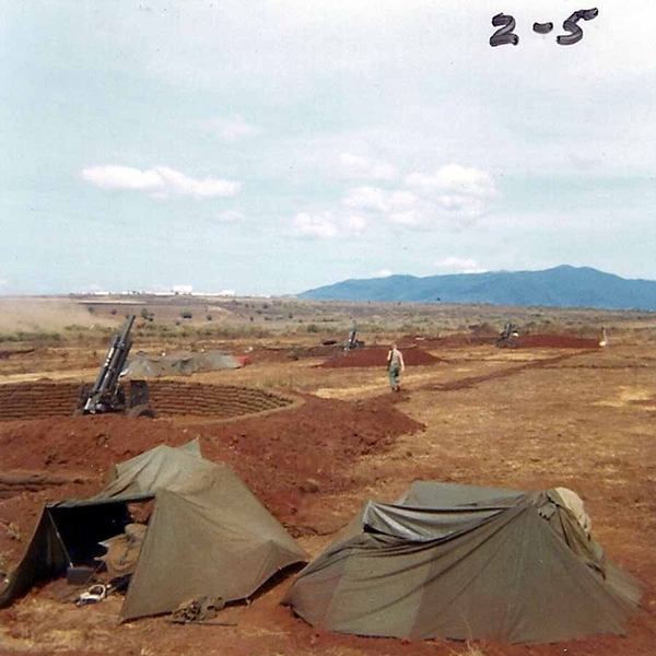 Feb 1966 High Angle Fire
Howitzer ready for high angle fire.  Note the tents in the foreground.
