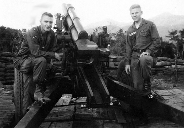 "Yes...We Deliver"
PFC Hourigan and PFC John Waldman stand ready to deliver some hot steel.  Taken at LZ Tip, Feb 1967.
