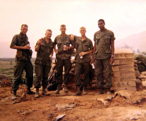 More FOs and RTOs
Jim ____, RTO, Rocky ____, FO, Lt Monty Lafitte, Lee Okerstrom, and Art.  Taken at LZ Ross.
