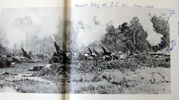 25th Div Yearbook - Oct 1, 1941 to Oct 1, 1966
Notation: "Charlie Battery at LZ 101, June, 1966".  At far right, with this photo enlarged, you will see the notes "my gun" and "FDC tent".
These photos are from a rare existing copy of the 25th Inf Div's Yearbook commemorating 25 years of service.
