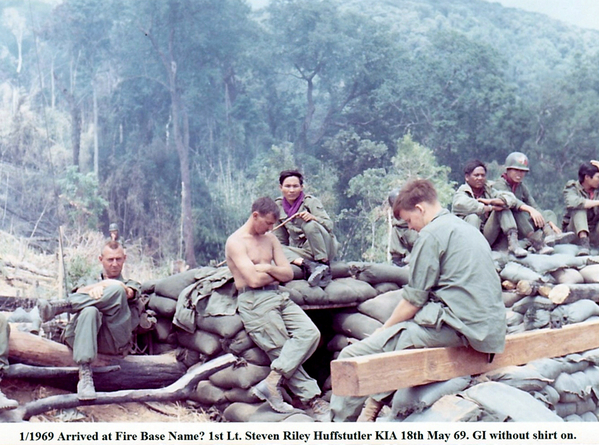 January, 1969.  Lt Steven Riley Huffstutler, KIA
Pictured in the middle of the photo without shirt is the FO, Lt. Huffstutler.  He was killed in a helicopter crash on 18May69.  Unknown LZ.
