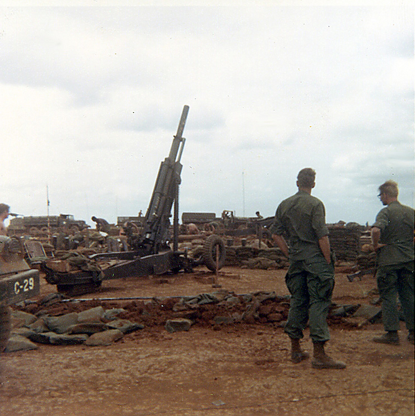 M-102
M-102s arrived in-country in 1968.  According to the Unit History (see link), the 2/9th Arty was the first 105mm unit to get them.  Howitzer is shown at the high angle fire position, a bitch for the old 105mm but a "piece of cake" for the new.
