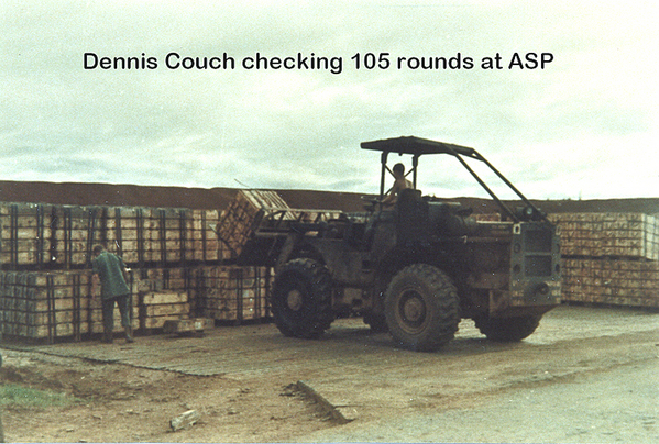 The ASP
Dennis Couch takes inventory while UNK soldier from the 704th Maint operates forklift.  This ASP handled all the munitions for the Grunts and the Redlegs...mortar rounds, M16, .50 cal, hand grenades, C-4, CS...you name it.
