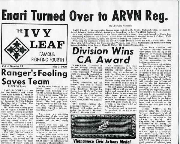 Historical turnover
Ivy Leaf article details the release of Camp Enari to the ARVN regiment.
