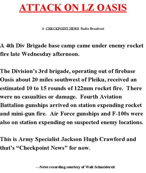 Radio Report
A transcribed radio announcer's brief report on the attack on LZ Oasis.
