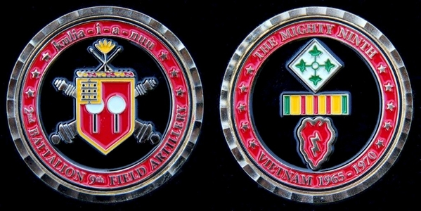 2/9th Artillery Challenge Coin
Front/Rear of the Challenge Coin presented to the President of the 35th Inf Regt Association and all of its Past Presidents.  Additionally, a Challenge Coin was presented to the Active Duty Commander of the 35th, LTC O'Connor.
