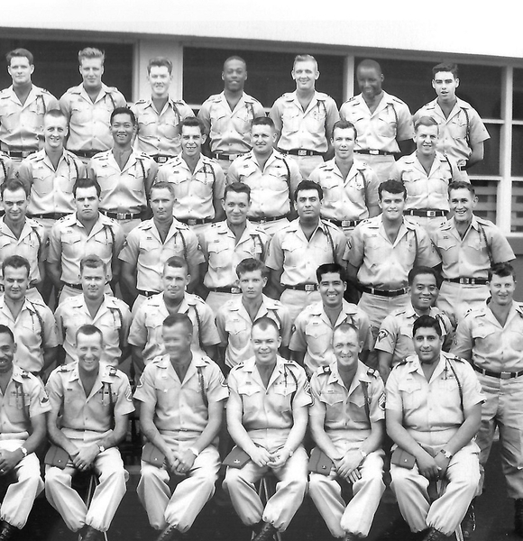 Men of the 2/9th FA, Hawaii - before the word of Nam Deployment
1st Row: -cont'd - Hyman, Rothamel, Hoy, Olivo
2nd Row: -cont'd - Harris, Myrashiro, Abasta, Jardee
3rd Row: - cont'd - Coldfliesh, UNK, McNeal, Martyn, Apodaca, Fitzgerald, Carl
4th Row: - cont'd - Yee, Bobby Abbott, Morgan, Harold Woody, Ronald Clippinger
5th Row: - cont'd - Smith, Loyd Owenby, Myers, Larry Chestnut
