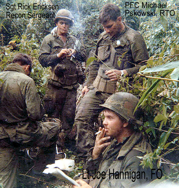 FO Party
Fast Forward to 2014:  We now know it is PFC Mike Pskowski in the middle, serving as the RTO with Lt Joe Hannigan, FO and Sgt Rick Ericksen, Recon Sgt.  Unfortunately, Mike died in a car accident in 1973.
