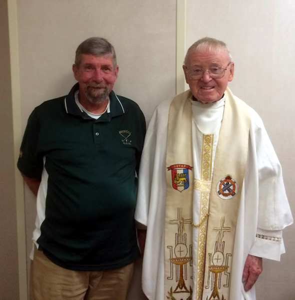FOUND 50 YEARS LATER! Another First Timer
In addition to FO Doug Turner and Donut Dolly Jenny Young, we had the honor of reuniting with the Chaplain for the 3rd Brigade, Catholic Chaplain Fr. Devine.  He was located through the efforts of 35th Regt Assn Past President Peter Birrow and was able to attend the Reunion. He poses here with Joe Henderson. 

Photo courtesy of Joe Henderson
