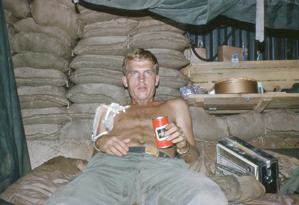 Recuperation
Jack Boston resting with repairs to his right shoulder.  Jack was a member of the C-2-9 FDC crew, pulling alternating 12-hr shifts with Ron.  Lt Wayne Crochet and Sgt Sam Nieto also served in C-2-9.
