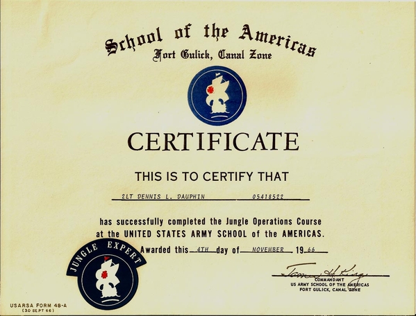 The Most Valuable Certificate Ever!
Many students were "dropouts".  Several of the exercises were beyond those officers and NCOs who didn't have sufficient physical fitness.  Some were petrified by having to rappel down a vertical cliff.  The "practice" run was a mud cliff; the "graded for score" rappelling was done down a rock waterfall.  Those very devious buzzards didn't tell us that.  Crossing the raging Chagres River with two poncho halfs making a raft was very daunting for the non-swimmers. I was lucky to be paired with a strong swimmer.  The 24-hr E&E was not for the faint-hearted, plus they threw us into a raging storm.  The maps literally washed out of our hands from the driving rain as a monsoon started.  Such fun.
