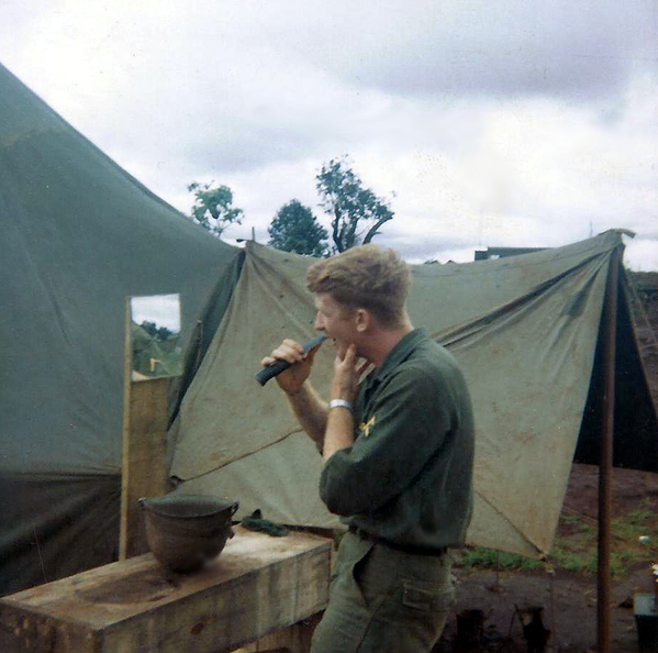 Field Expedient
Another common field expedient was the steel pot as a shaving bowl.  However, using a bayonet to shave usually didn't work too well.
