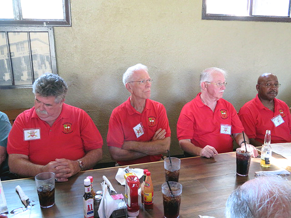 Old Plantation - Thurs Evening Dinner
What??? They ran out of food?  Jim Connolly, John "Moon"Mullins, John Cashin and Carlton Epps.  They seem to wonder "well, where is the food?"

Photo courtesy of Barbara Moeller
