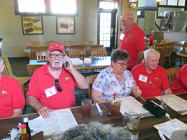 Old Plantation - Thurs Evening Dinner
"What???  I won the lottery?"  Cowboy Danny Fort seems very excited about a cell phone call.  He is seated next to Joanne and Bob Wilson.

Photo courtesy of Barbara Moeller
