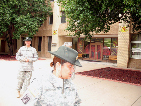 Reunion Photos - Danny "Cowboy" Fort
Drill Sergeants Schmidt and Mackenzie stand outside the Training Battalion Headquarters.  You might happen to notice that they are of the female persuasion.  Not your father's Army, is it?
