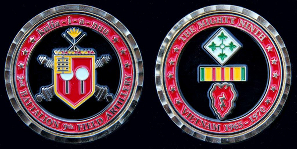 Reunion Photos - Danny Yates
The 2/9th FA Commemorative Coin:  Our Reunion Organizer, Maj Jerry Orr, presented each redleg veteran attending the reunion with a commemorative coin at the concluding Friday night banquet.  Barbara Moeller, who assisted Jerry with the tours, presented the ladies with an initial charm.
