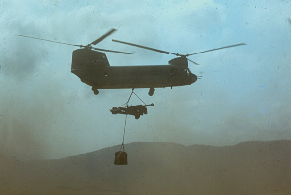 RSOP
Moving day.  The CH-47 Chinook was the workhorse.  It could transport a 105mm howitzer and a slingload of ammo, code named "lobsters".
