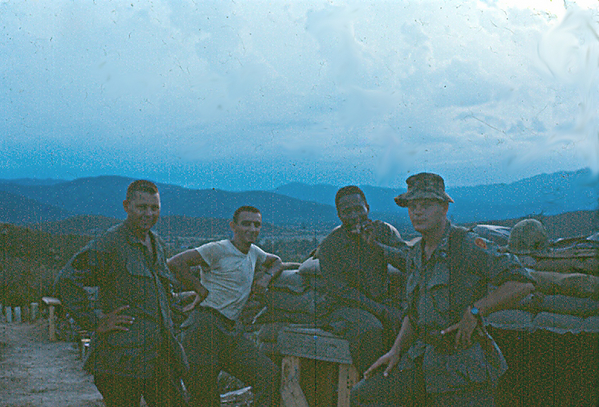 A Working Crew
1st Sgt William Rollins, XO Lt Dennis Dauphin, Radar Officer WO Emil Frankin, and BC Capt Mike Casp in a "boonie hat".  WO Franklin was wounded in a mortar H&I incident and Capt Casp was KIA in a recon chopper shootdown in November, 1967.

