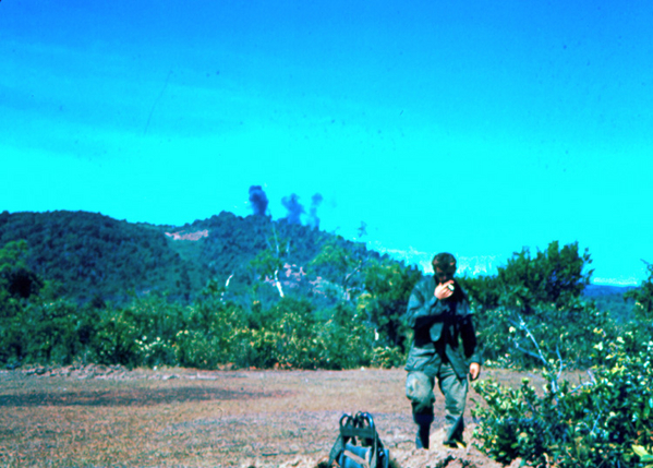 Sniper Hill
An artillery prep and some A1E Skyraiders strike on a hill assigned to B/1/14 to climb and do a S&D mission for VC or NVA.  Hill got its name from the continued sniper fire anytime we got close to it.
