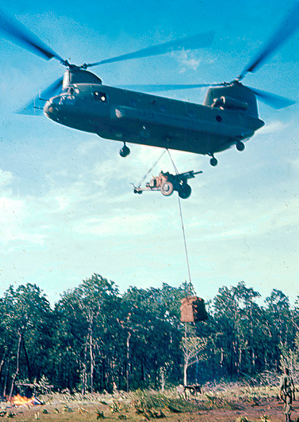 RSOP-ing
The CH-47 Chinook has the 105 "on the hook" and a sling of ammo under the howitzer.

LZ 10B
