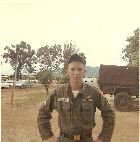 A younger Woody - bound for Vietnam
Slim, trim, ready for duty...including Nam.  Taken at the Motor Pool, Schofield Barracks, Nov, 1964.  I was on emergency leave at the time the unit was preparing to ship out and was transfered to HHB Divarty and went to Cu Chi with them.
