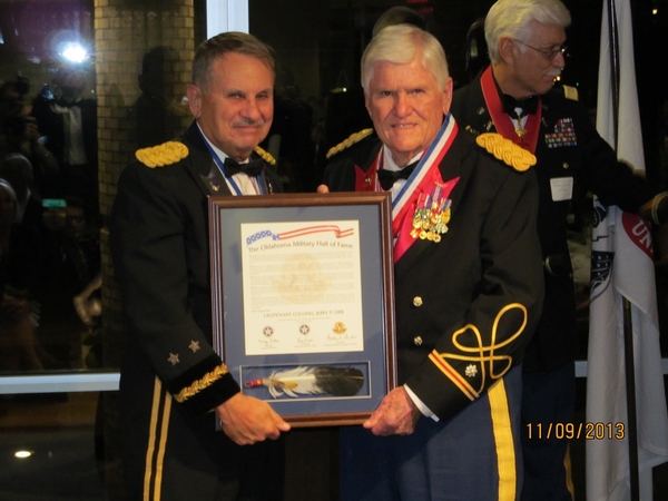 Okla Military Hall of Fame
Major General Douglas O. Dollar presenting a plaque to Jerry Orr, inducting him into the Oklahoma Military Hall of Fame.
