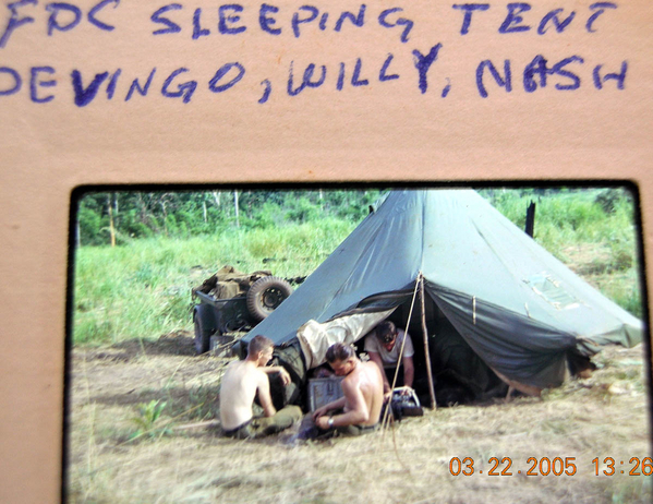 Fancy Quarters - NOT!
The FDC sleeping tent.  Sp4 Richard M. Devingo, PFC Richard A. (Willy) Williams, and PVT John B. Nash, Jr.
