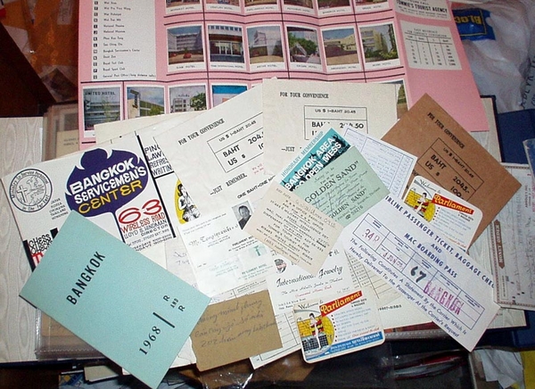I'm A Collector
Here are all of the papers I saved from my R&R to Bangkok.   I save everything- girl's phone numbers... in fact their "numbers" (you had to be there to know what this means). I even saved my plane ticket and the Baht envelopes of money I got at Tommie's Tourist Agency!

