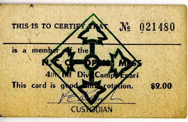 Club Card
My membership card at the NCO Open Mess Club at Camp Enari... that kinda reddish brown hue on the card is from... welll... you know what it's from! Wasn't EVERYTHING in Pleiku that color?


