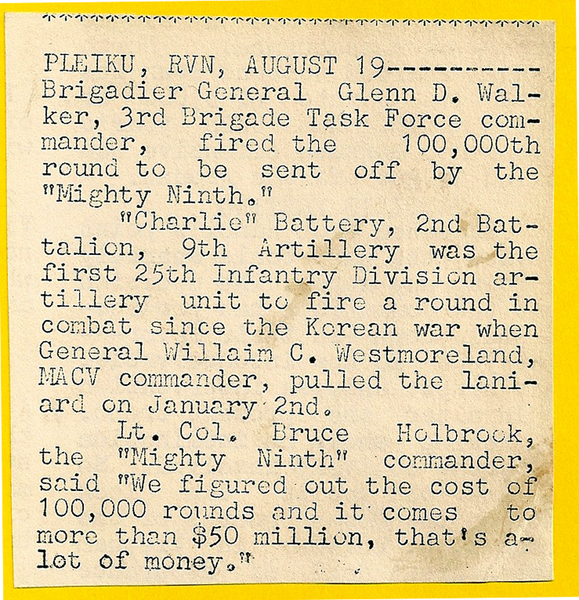 News clipping - 100,000th Round fired
BnCO LtCol Bruce Holbrook estimates the cost of firing 100,000 rounds.   It was fired by BG Glenn D. Walker
