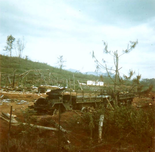 SF Camp overrun
Damage from the attack.  The truck is destroyed; there were no survivors after the camp was overrun.  The inability to protect the SF camps led to the escalation of units sent to Vietnam in 1965 and 1966.
