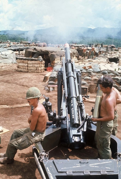 LZ Ranger @ Ban-me-Thuot
UNKNOWN cannoneers.  Here's one for you, Charlie.  Loading up the newer M102 howitzers.
