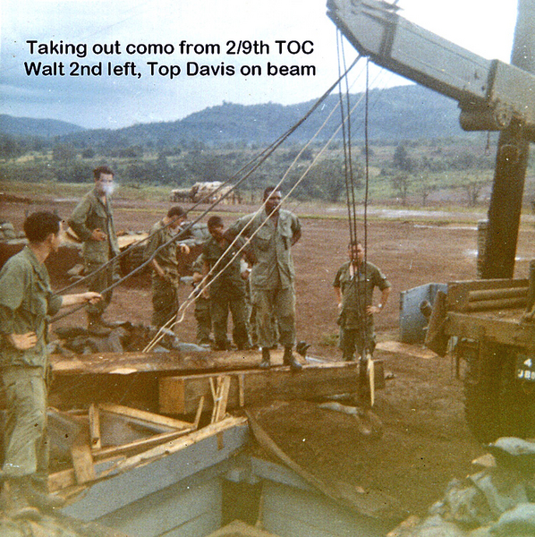 Construction Work
Taking out commo from the 2/9th TOC.  Walt is 2nd from left; Top Davis standing on beam.
NOTE!  Check out Photo #MK-142 in Mike Kurtgis album; it shows the 2/9th TOC under construction.

