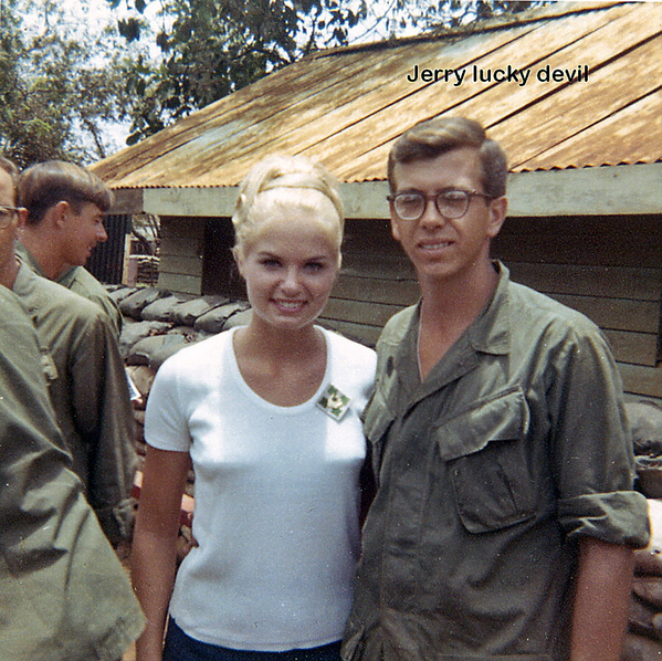 Hail, Miss America 1969!
Ms Judith Ford, chosen as Miss America in 1969 visited our base and stands next to PFC Jerry Genson, henceforth known as the "Lucky Devil".  Lucky devil indeed, Ms Ford represented the State of Illinois as a pageant contestant.  She took the time to visit the troops in the field in Vietnam.
