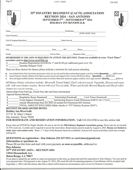 2024 Registration Form
Here is the Registraton Form for the 2024 35th Inf Regt Annual Reunion to be held in San Antonio, TX in September.  
You know the drill:  Members of the 2/9th FA supporting the 35th in Vietnam are invited as GUESTS of the Association.

This Form can be enlarged and downloaded by double-clicking the image.
