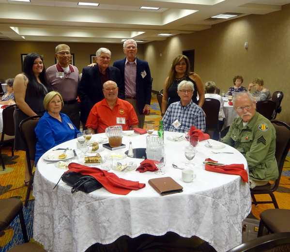 Farewell Dinner - Friday Evening @ Hilton Garden Inn
Seated: Mr & Mrs Charles Skidmore, Bill Osterhout (guest of Jeff Labreck) and Jeff Labreck.  Standing at ends: Kris & Samantha Nieto, daughters of redleg Sam Nieto, Sam, Jerry Orr, and Moon Mullins.
